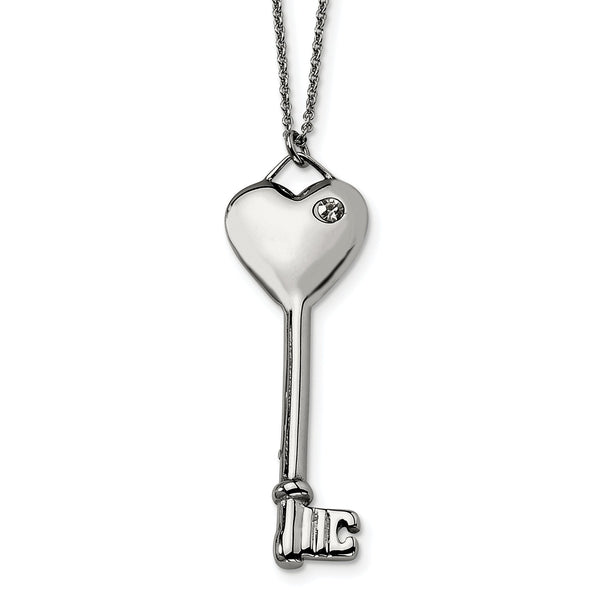 Stainless Steel Heart with CZ Key Pendant