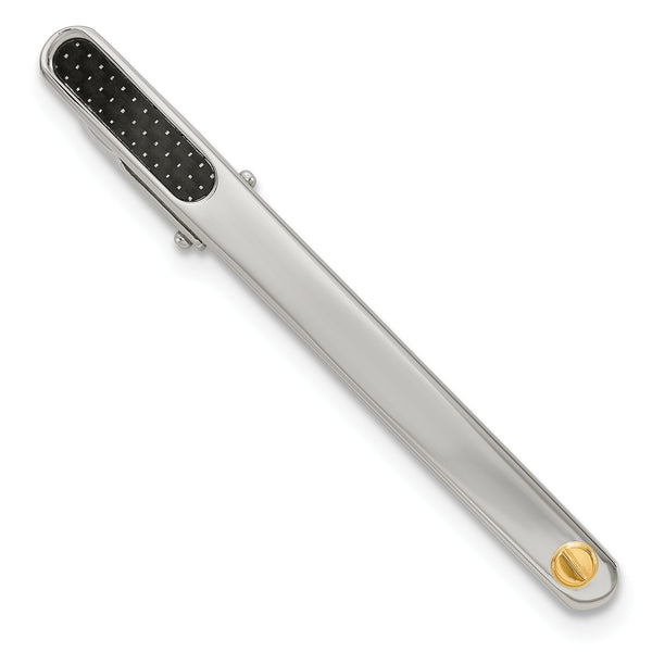 Stainless Steel Polished w/Black Carbon Fiber Inlay & 18k Accent Tie Bar