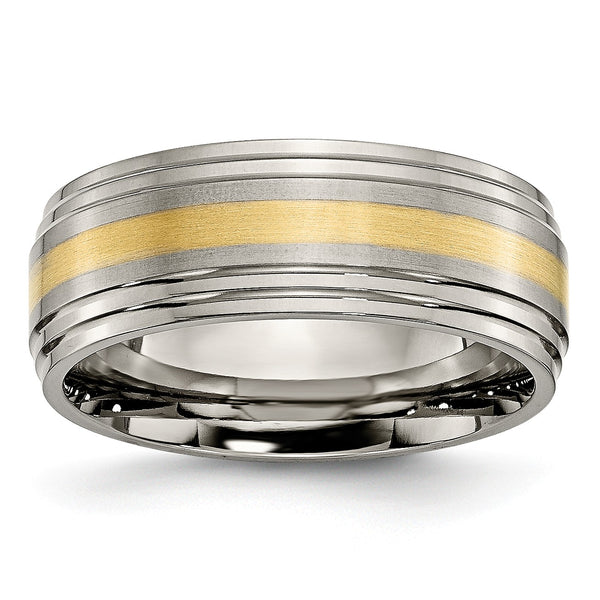 Titanium Ridged Edge 14k Yellow Inlay 8mm Brushed/Polished Band