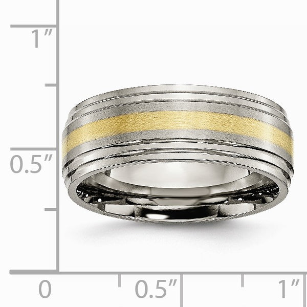 Titanium Ridged Edge 14k Yellow Inlay 8mm Brushed/Polished Band