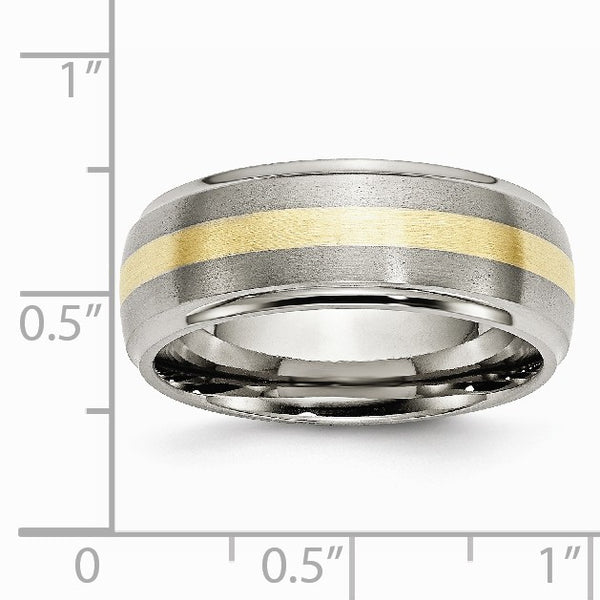 Titanium Ridged Edge 14k Yellow Inlay 8mm Brushed/Polished Band