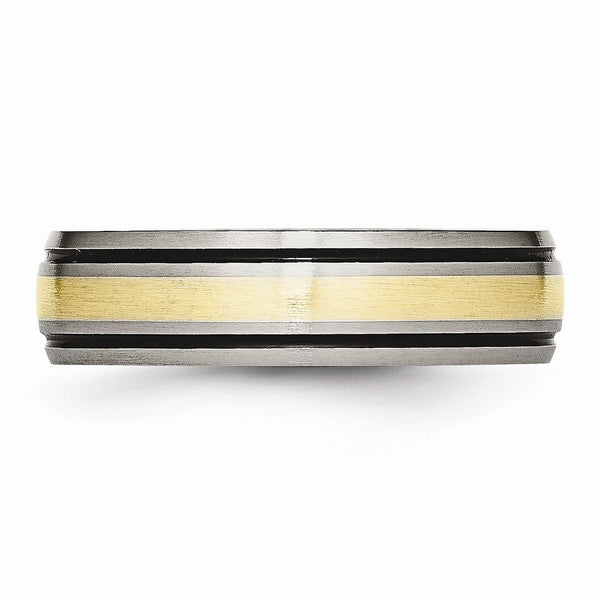 Titanium Grooved 14k Yellow Inlay 6mm Brushed and Antiqued Band