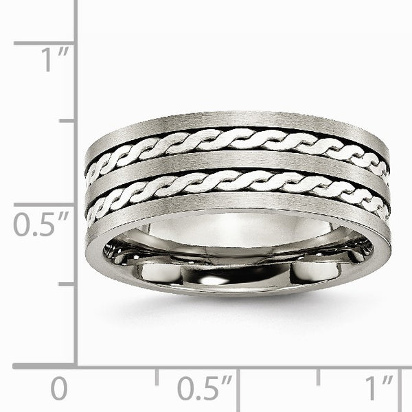 Titanium Sterling Silver Braided Inlay 8mm Brushed and Antiqued Band