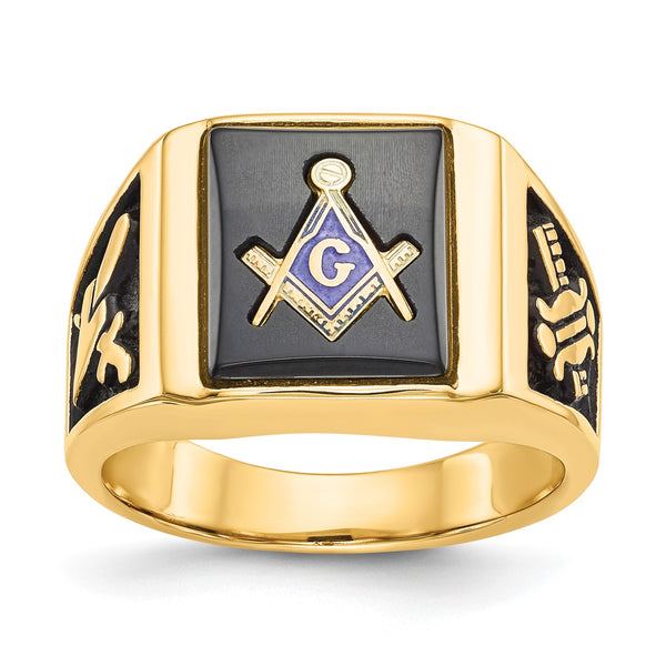 12X10MM Onyx Masonic Ring in 14KT Yellow Gold; Size 10