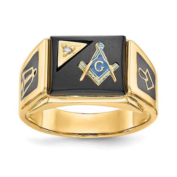 14KT Gold 12X10MM Onyx Masonic Ring with Diamond Accent