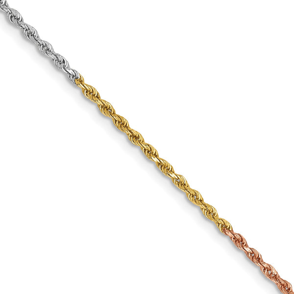 14KT Gold Tri-Color 16" 1.5MM Diamond-cut Lobster Clasp Rope Chain