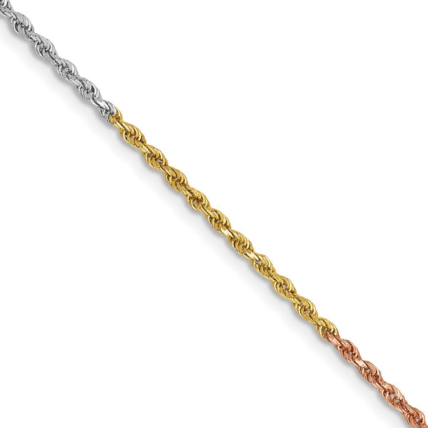 14KT Gold Tri-Color 18" 1.5MM Diamond-cut Lobster Clasp Rope Chain