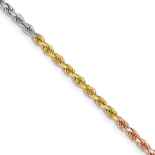 14KT Gold Tri-Color 18" 2.5MM Diamond-cut Lobster Clasp Rope Chain