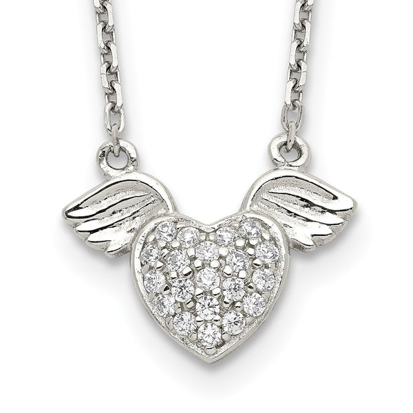 Sterling Silver Cubic Zirconia 16" Heart Wings Necklace