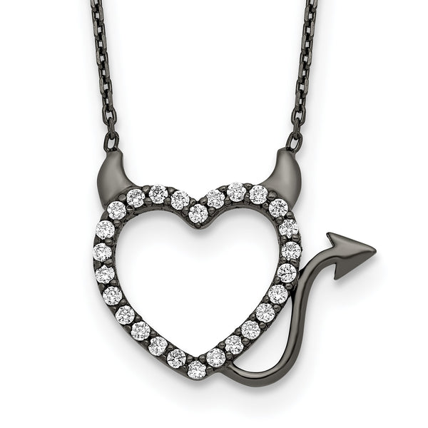 Black Ruthenium Plated Sterling Silver Cubic Zirconia 16" Heart Devil Necklace
