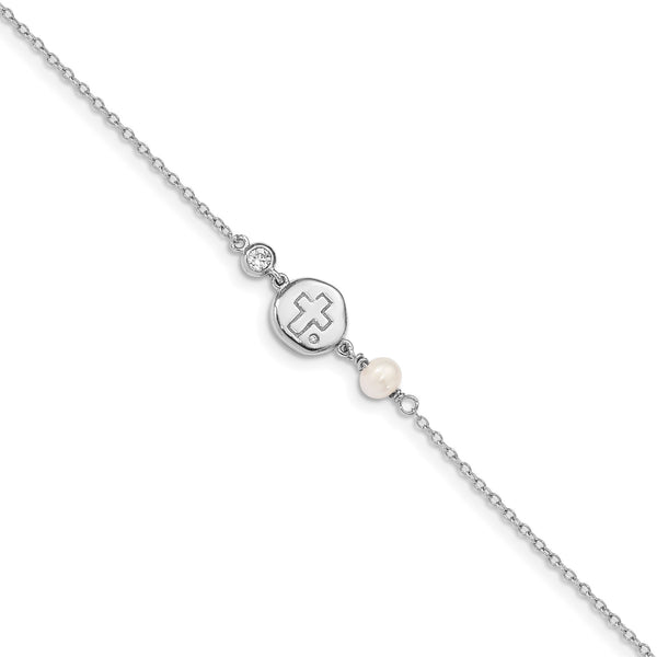 Sterling Silver Cubic Zirconia and Pearl 7.75" Cross Bracelet