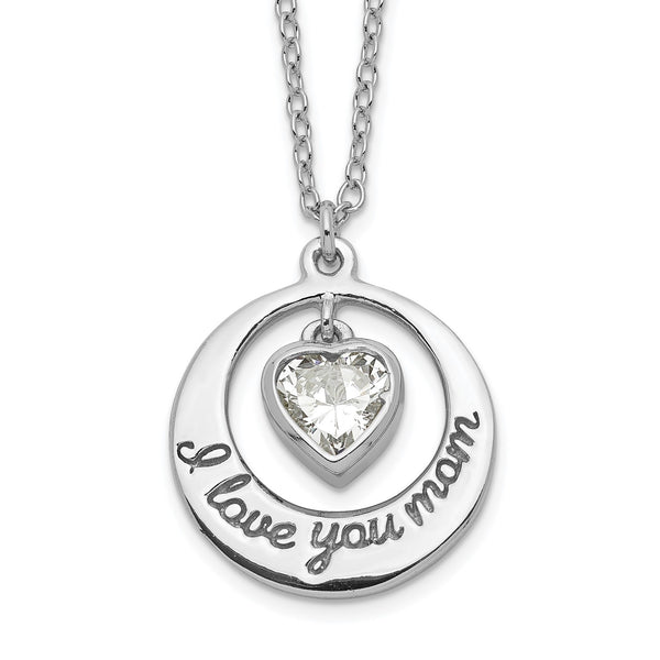 Sterling Silver Cubic Zirconia 17" 14MM Heart I Love You Mom Necklace