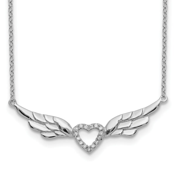 Sterling Silver Cubic Zirconia 17" 35MM Heart Wings Necklace