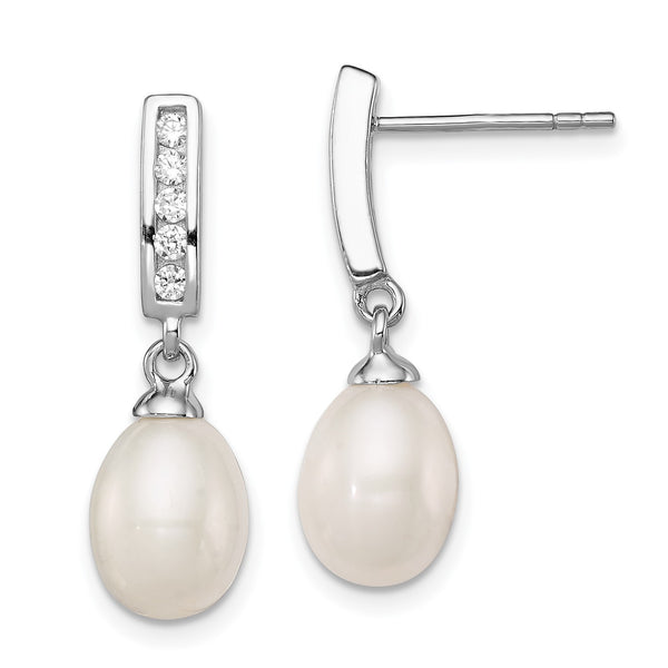 Sterling Silver 8X9MM Pearl and Cubic Zirconia 24X9MM Drop & Dangle Earrings