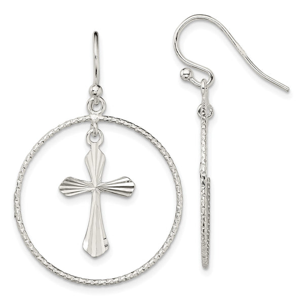 Sterling Silver 39X25MM Diamond-cut Cross Earrings