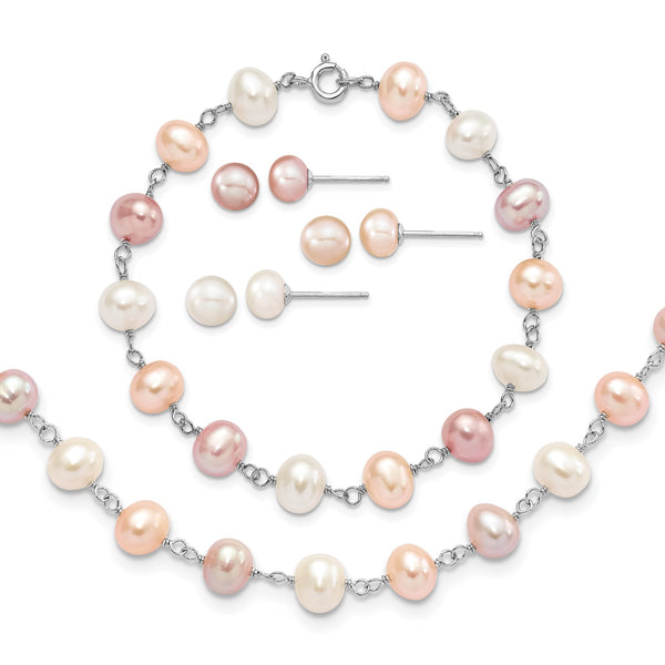 Sterling Silver Multicolor Pearl Necklace Bracelet Earrings Set