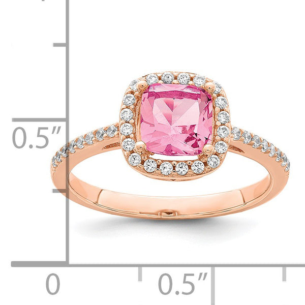Rose Gold Plated Sterling Silver 6MM Cushion Cubic Zirconia Halo Ring; Size 7