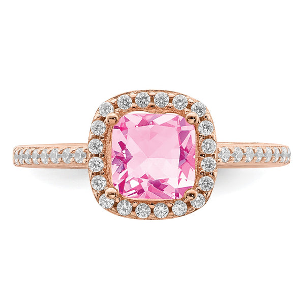 Rose Gold Plated Sterling Silver 6MM Cushion Cubic Zirconia Halo Ring; Size 7