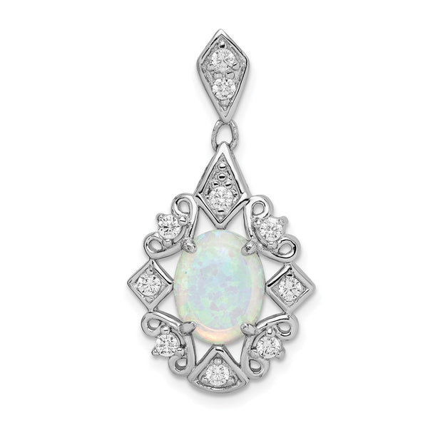 Sterling Silver Opal and Cubic Zirconia 32X17MM Pendant-Chain Not Included