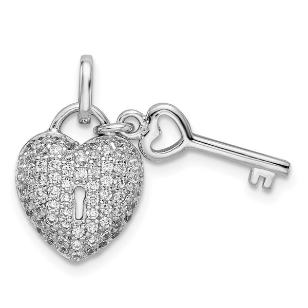 Sterling Silver Cubic Zirconia 21X11MM Heart Key Pendant-Chain Not Included