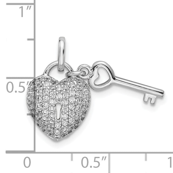 Sterling Silver Cubic Zirconia 21X11MM Heart Key Pendant-Chain Not Included
