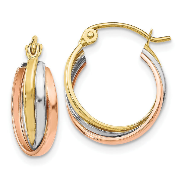 10KT Gold Tri-Color 14MM Hinged Hoop Earrings