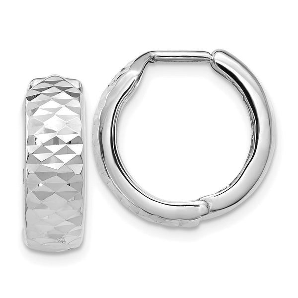 10KT White Gold 14X17MM Hinged Diamond-cut Hoop Earrings