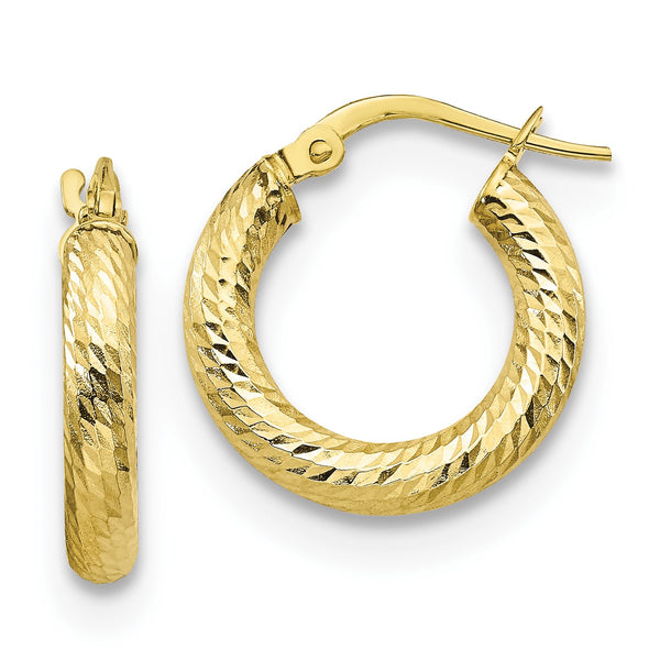 10KT Yellow Gold 3X10MM Diamond-cut Hoop Earrings