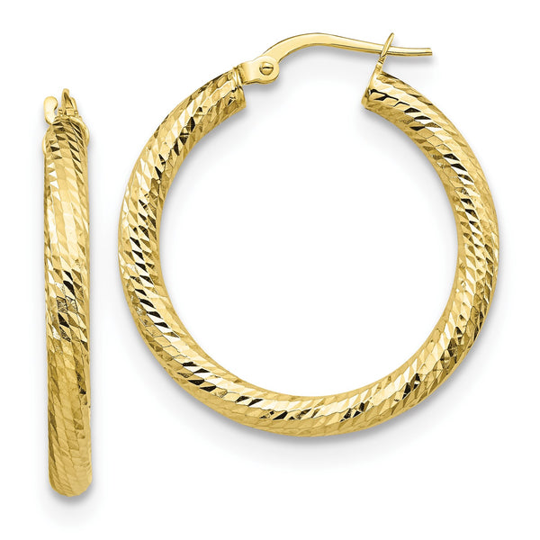 10KT Yellow Gold 3X20MM Diamond-cut Hoop Earrings