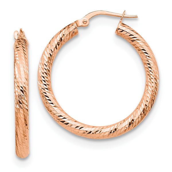 10KT Rose Gold 3X20MM Diamond-cut Hoop Earrings