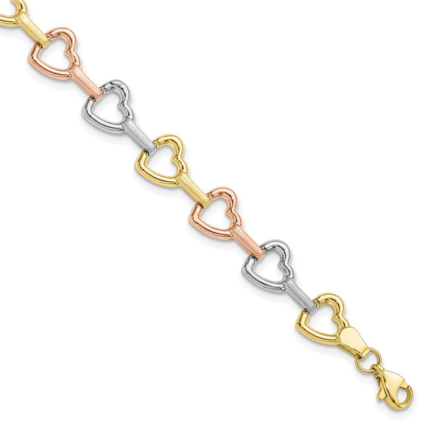 10KT Gold Tri-Color 7.5" 8MM Heart Bracelet