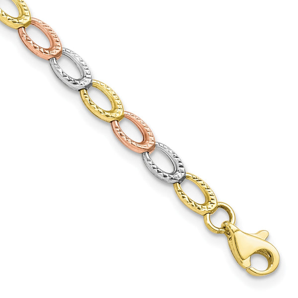 10KT Gold Tri-Color 7.25" 4MM Fancy Diamond-cut Bracelet