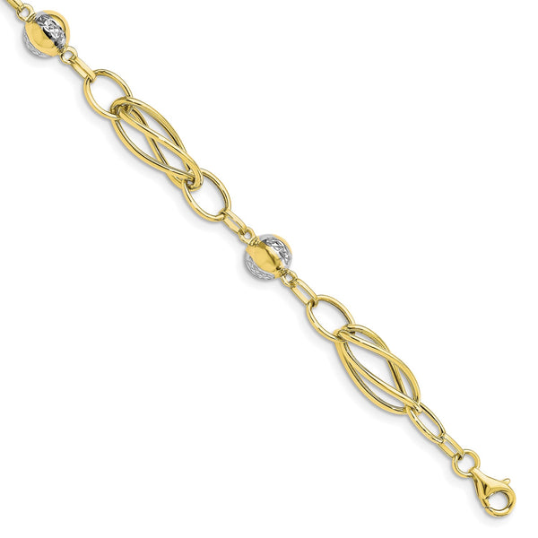 10KT Yellow Gold With Rhodium Plating 7.5" 7MM Diamond-cut Beaded Bracelet