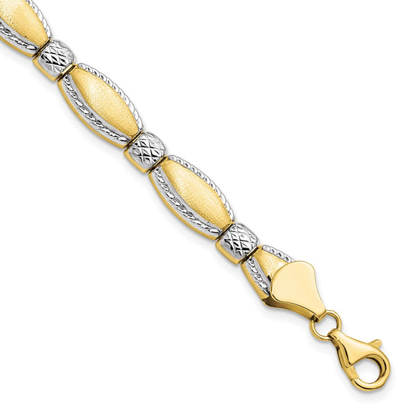 10KT Yellow Gold With Rhodium Plating 7" 7MM Fancy Diamond-cut Lobster Clasp Bracelet