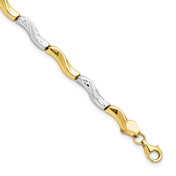 10KT Yellow Gold With Rhodium Plating 7" 4MM Fancy Diamond-cut Lobster Clasp Bracelet