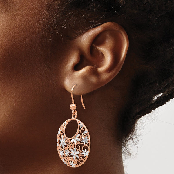 Rose Gold Plated Sterling Silver 49X14MM Diamond-cut Flower Filigree Earrings
