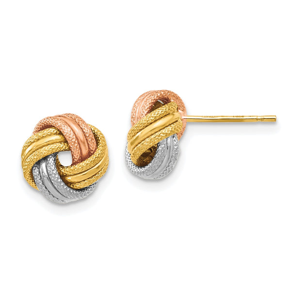 14KT Gold Tri-Color 9MM Diamond-cut Stud Love Knot Earrings