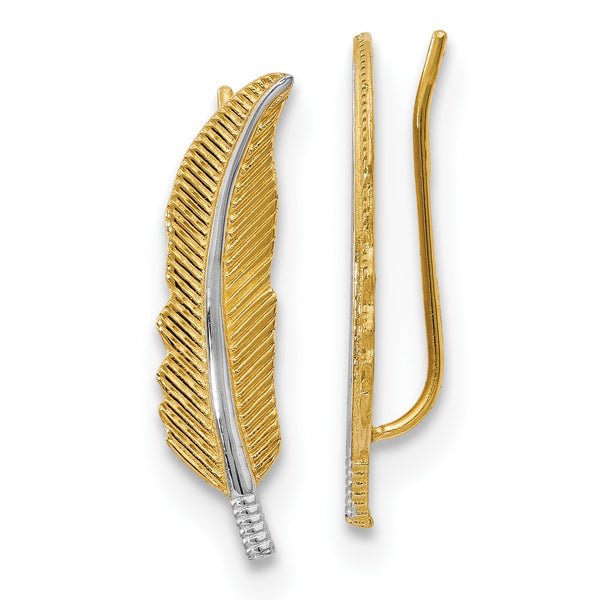 14KT Yellow Gold With Rhodium Plating 22X20MM Feather Earrings