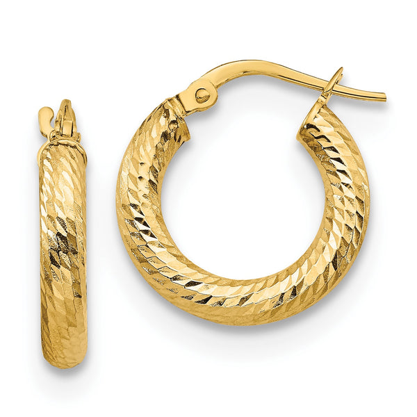 14KT Yellow Gold 3X17MM Diamond-cut Hoop Earrings