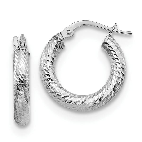 14KT White Gold 3X17MM Diamond-cut Hoop Earrings