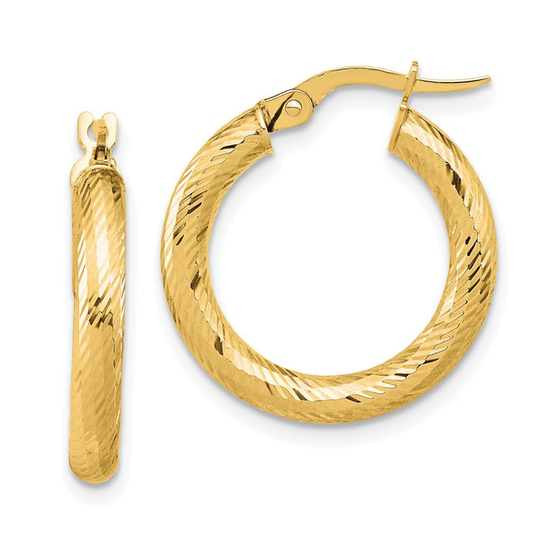 14KT Yellow Gold 3X20MM Diamond-cut Hoop Earrings