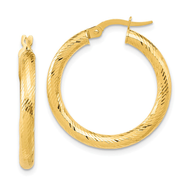 14KT Yellow Gold 3X25MM Diamond-cut Hoop Earrings