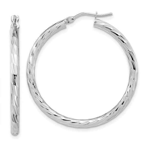 14KT White Gold 35X33MM Diamond-cut Hoop Earrings