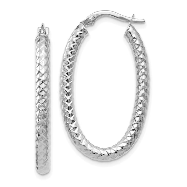 14KT White Gold 32X19MM Diamond-cut Hoop Oval Earrings