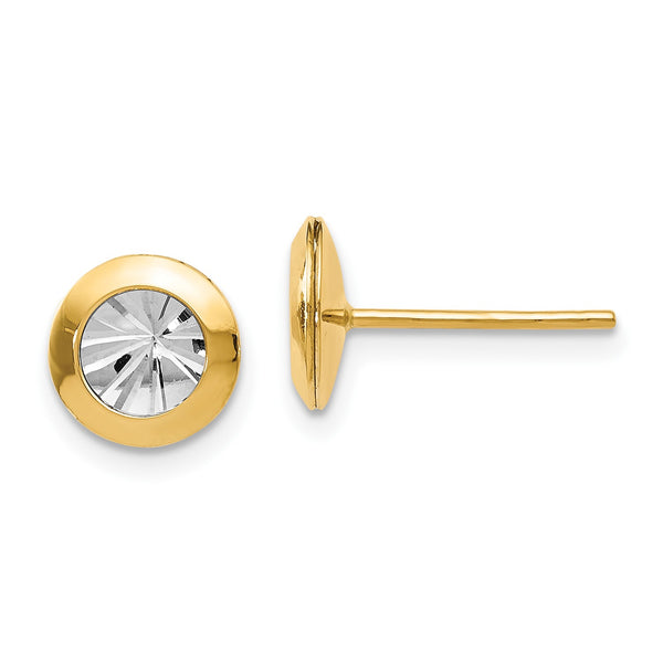 14KT Yellow Gold With Rhodium Plating 8X7MM Diamond-cut Stud Earrings