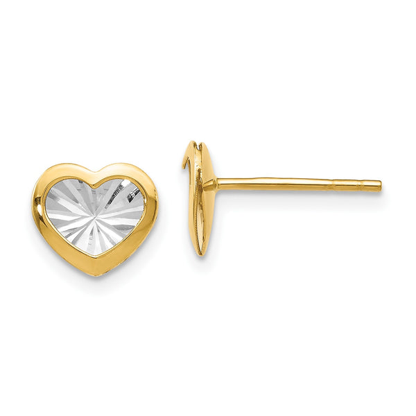14KT Yellow Gold With Rhodium Plating 8MM Diamond-cut Heart Stud Earrings