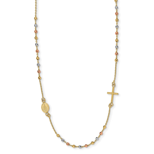 14KT Gold Tri-Color 18" Cross Beaded Rosary Necklace