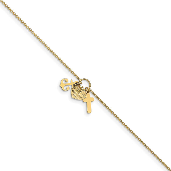 14KT Yellow Gold 9" Cross Heart Anchor Anklet