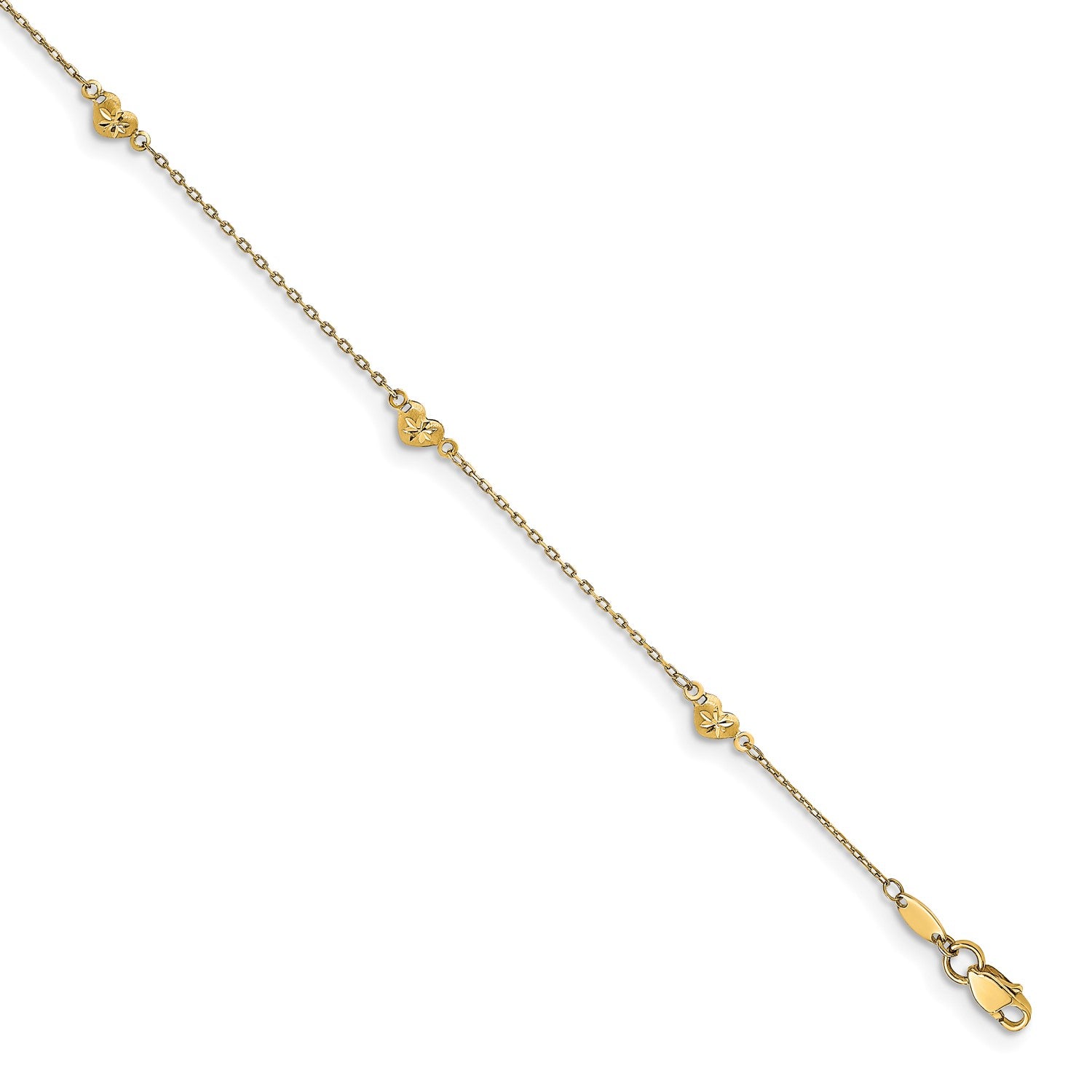 14KT Yellow Gold 9-inch Lobster Clasp Diamond-cut Heart Anklet