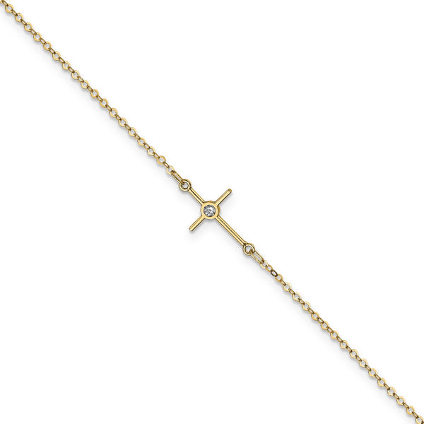 14KT Yellow Gold Cubic Zirconia 10" Lobster Clasp Cross Anklet